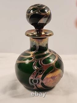 Antique Gorham Perfume Bottle Green Glass with Sterling Silver Overlay D940 Signed