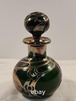 Antique Gorham Perfume Bottle Green Glass with Sterling Silver Overlay D940 Signed