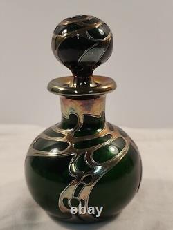 Antique Gorham Perfume Bottle Green Glass with Sterling Silver Overlay D940 Signed