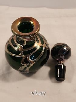 Antique Gorham Perfume Bottle Green Glass with Sterling Silver Overlay D940 Signed