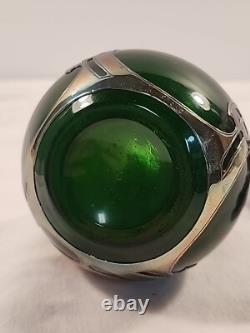 Antique Gorham Perfume Bottle Green Glass with Sterling Silver Overlay D940 Signed