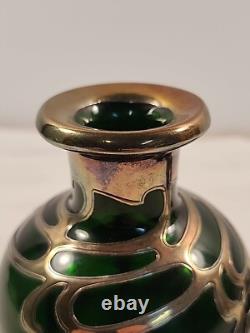 Antique Gorham Perfume Bottle Green Glass with Sterling Silver Overlay D940 Signed