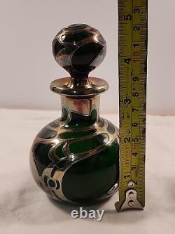 Antique Gorham Perfume Bottle Green Glass with Sterling Silver Overlay D940 Signed
