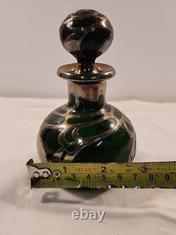 Antique Gorham Perfume Bottle Green Glass with Sterling Silver Overlay D940 Signed