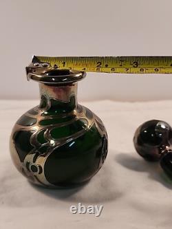 Antique Gorham Perfume Bottle Green Glass with Sterling Silver Overlay D940 Signed