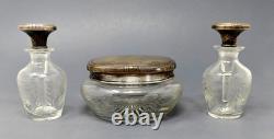 Antique Gorham Sterling Silver Etched Glass 3-Piece Vanity Set Circa 1910