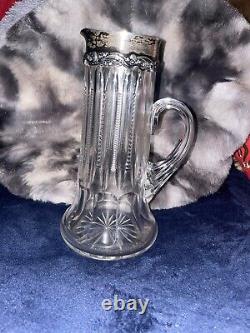 Antique Gorham Sterling Silver Mounted Pitcher American Brilliant Cut Glass 1897