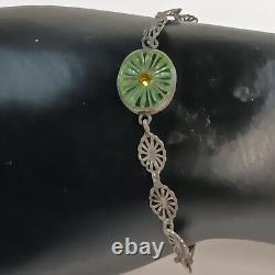 Antique Green Camphor Glass Sterling Silver Filigree Bracelet Victorian 5.5