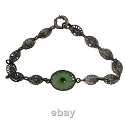 Antique Green Camphor Glass Sterling Silver Filigree Bracelet Victorian 5.5