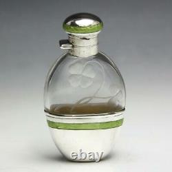 Antique Guilloche Enamel Sterling Silver & Cut Glass 4 Leaf Clover Flask with Cup