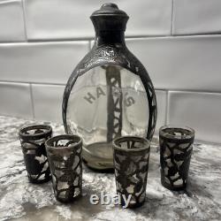 Antique HAIG'S. 925 STERLING SILVER OVERLAY Pinch BOTTLE 6.5 & 6 Shot Glass