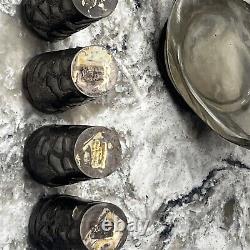 Antique HAIG'S. 925 STERLING SILVER OVERLAY Pinch BOTTLE 6.5 & 6 Shot Glass