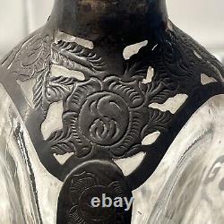 Antique HAIG'S. 925 STERLING SILVER OVERLAY Pinch BOTTLE 6.5 & 6 Shot Glass
