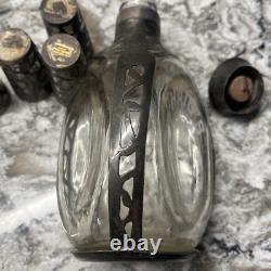 Antique HAIG'S. 925 STERLING SILVER OVERLAY Pinch BOTTLE 6.5 & 6 Shot Glass
