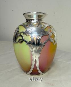 Antique Hand Blown Loetz Candia Silberiris Sterling Silver Overlay Glass Vase