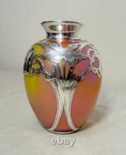 Antique Hand Blown Loetz Candia Silberiris Sterling Silver Overlay Glass Vase