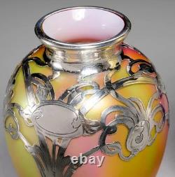 Antique Hand Blown Loetz Candia Silberiris Sterling Silver Overlay Glass Vase