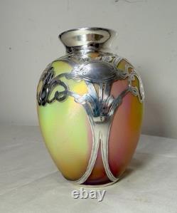 Antique Hand Blown Loetz Candia Silberiris Sterling Silver Overlay Glass Vase
