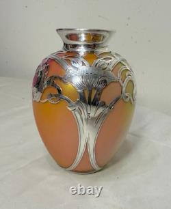 Antique Hand Blown Loetz Candia Silberiris Sterling Silver Overlay Glass Vase