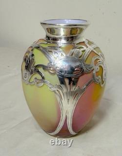 Antique Hand Blown Loetz Candia Silberiris Sterling Silver Overlay Glass Vase