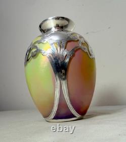 Antique Hand Blown Loetz Candia Silberiris Sterling Silver Overlay Glass Vase