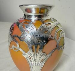 Antique Hand Blown Loetz Candia Silberiris Sterling Silver Overlay Glass Vase