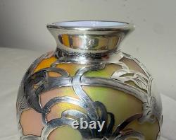 Antique Hand Blown Loetz Candia Silberiris Sterling Silver Overlay Glass Vase