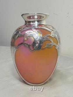 Antique Hand Blown Loetz Candia Silberiris Sterling Silver Overlay Glass Vase
