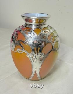 Antique Hand Blown Loetz Candia Silberiris Sterling Silver Overlay Glass Vase