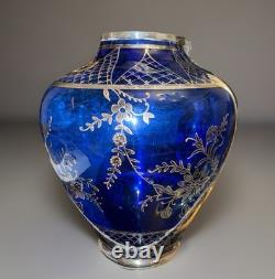 Antique Italian Blue Cobalt Glass Vase With Sterling Silver Overlay