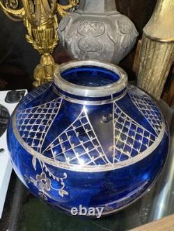 Antique Italian Blue Cobalt Glass Vase With Sterling Silver Overlay