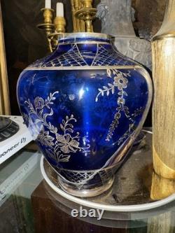 Antique Italian Blue Cobalt Glass Vase With Sterling Silver Overlay