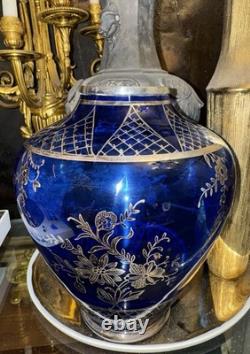 Antique Italian Blue Cobalt Glass Vase With Sterling Silver Overlay