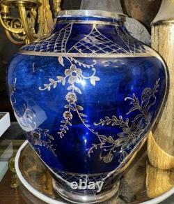 Antique Italian Blue Cobalt Glass Vase With Sterling Silver Overlay