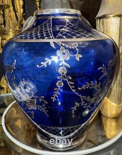 Antique Italian Blue Cobalt Glass Vase With Sterling Silver Overlay
