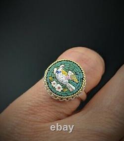 Antique Italian Dove Bird Micro Mosaic Statement Ring in Sterling Silver 6