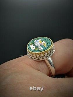 Antique Italian Dove Bird Micro Mosaic Statement Ring in Sterling Silver 6
