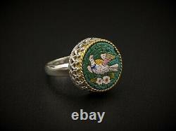 Antique Italian Dove Bird Micro Mosaic Statement Ring in Sterling Silver 6