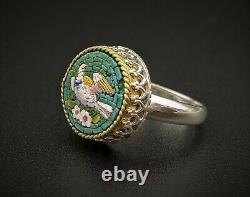 Antique Italian Dove Bird Micro Mosaic Statement Ring in Sterling Silver 6