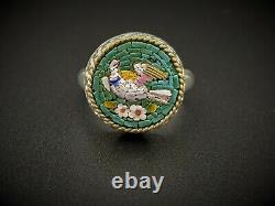 Antique Italian Dove Bird Micro Mosaic Statement Ring in Sterling Silver 6