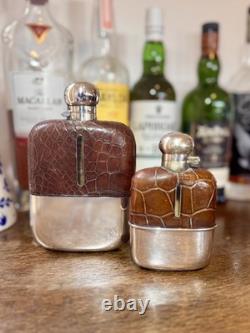Antique J. Dixon & Sons Hip Flask Pair Sterling Silver, Croc Leather, Glass