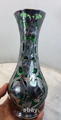 Antique LOETZ Green Glass Sterling Silver Overlay Vase 8.25Tall As Is