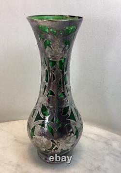 Antique LOETZ Green Glass Sterling Silver Overlay Vase 8.25Tall As Is