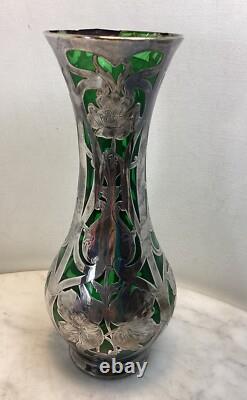 Antique LOETZ Green Glass Sterling Silver Overlay Vase 8.25Tall As Is