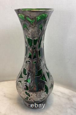 Antique LOETZ Green Glass Sterling Silver Overlay Vase 8.25Tall As Is