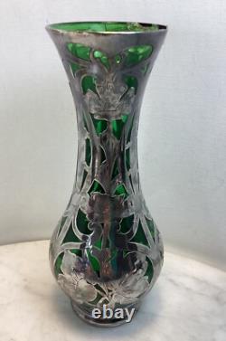 Antique LOETZ Green Glass Sterling Silver Overlay Vase 8.25Tall As Is