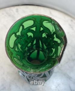 Antique LOETZ Green Glass Sterling Silver Overlay Vase 8.25Tall As Is