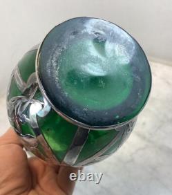 Antique LOETZ Green Glass Sterling Silver Overlay Vase 8.25Tall As Is