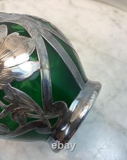 Antique LOETZ Green Glass Sterling Silver Overlay Vase 8.25Tall As Is