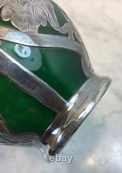 Antique LOETZ Green Glass Sterling Silver Overlay Vase 8.25Tall As Is